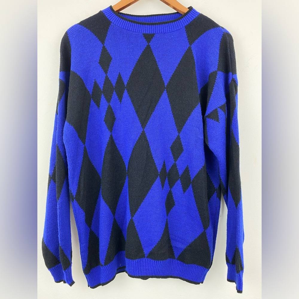Vintage Sakura Sport size Medium Blue Black Argyle Pullover Sweater